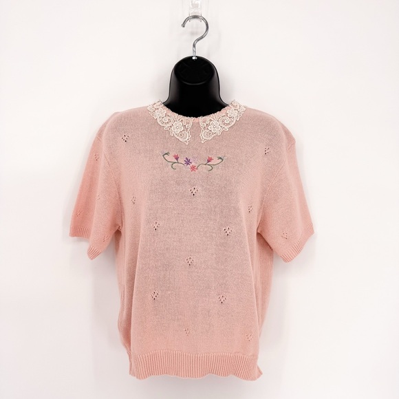Vintage Southern Lady Embroidered Lace Peter Pan Collared Sweater Top Medium - Picture 1 of 9